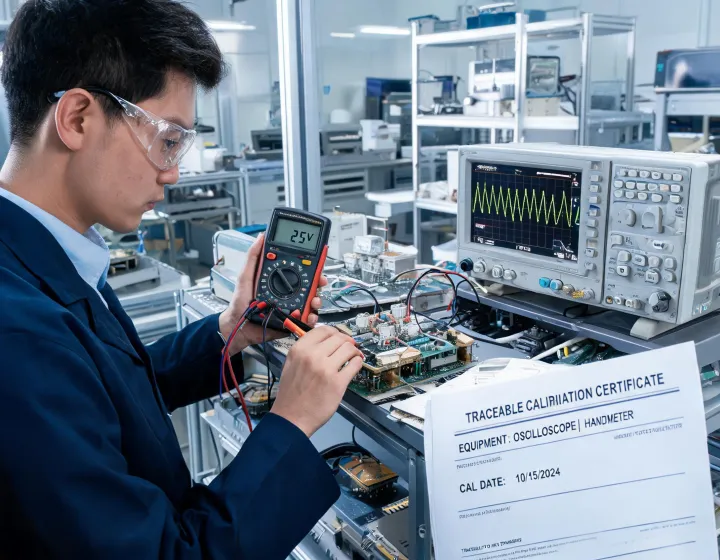 Engineer measuring a semiconductor test rack with calibrated instruments
