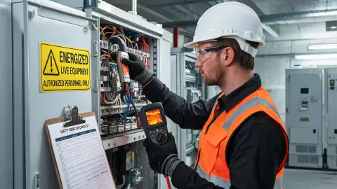 Industrial maintenance technician with clamp meter