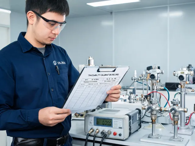 Calibration technician reviewing service file