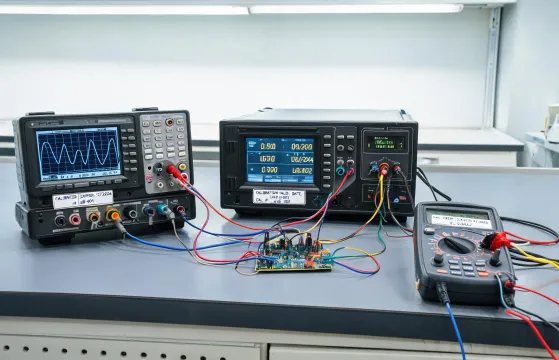 Electronics validation bench with oscilloscope and power analyzer
